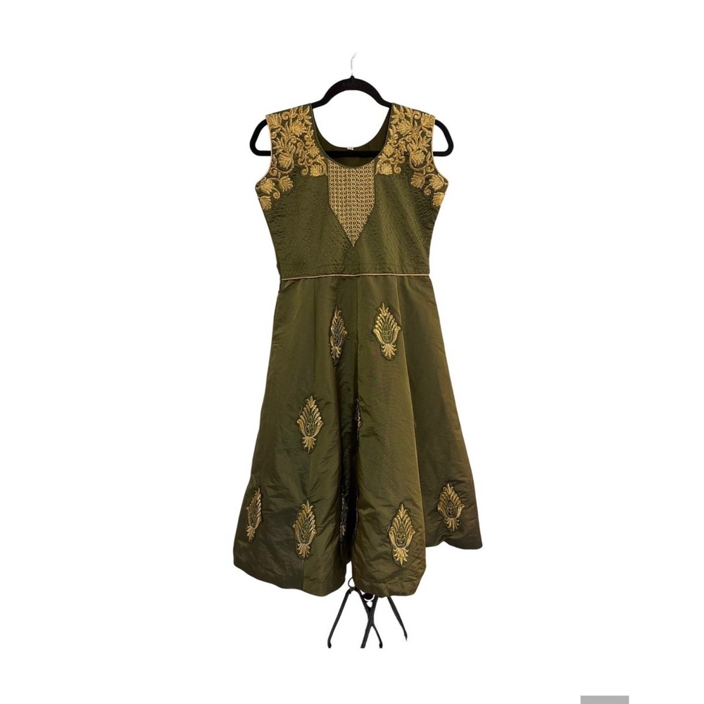 Vintage Olive Green Gold Embroidered Sequin Sleeveless Fit Flare Dress Womens - Picture 1 of 8
